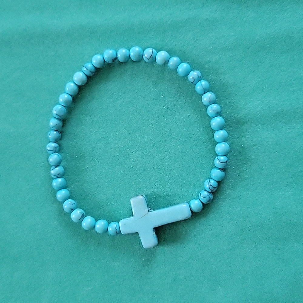 Faux turquoise cross stretch bracelet
